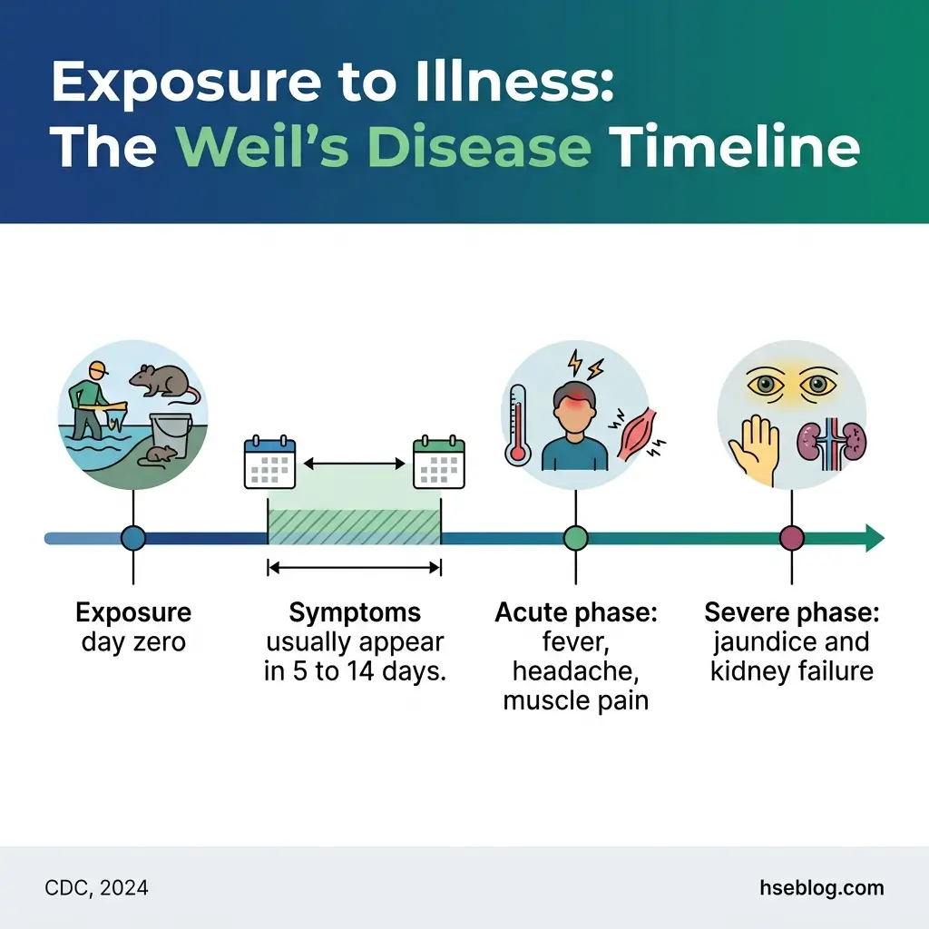 Timeline showing Weil's disease progression from exposure through water contact with rats, symptom onset in 5-14 days, acute phase with fever and muscle pain, to severe phase with jaundice and kidney failure.
