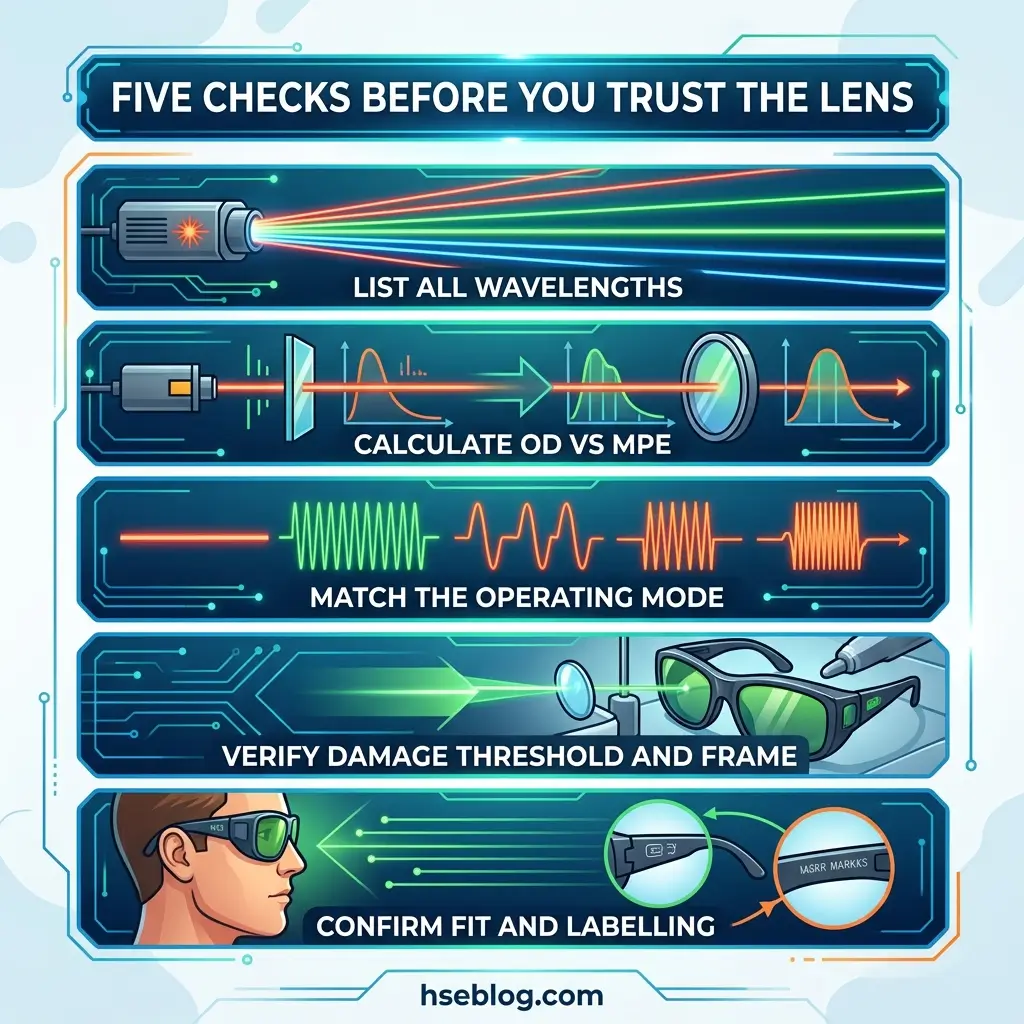 Infographic showing five checks for laser safety eyewear: list all wavelengths, calculate OD vs MPE, match operating mode, verify damage threshold and frame, and confirm fit and labeling.