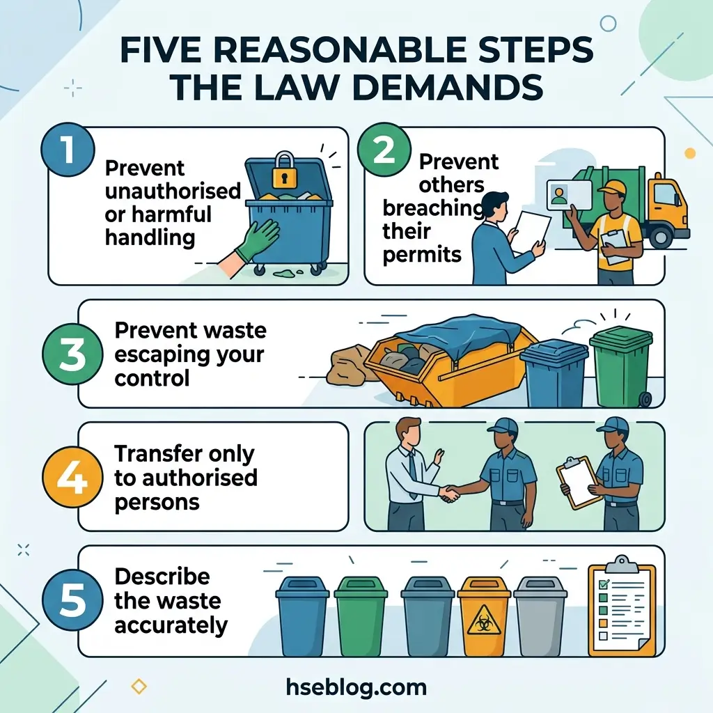 Infographic showing five legal requirements for waste management: preventing unauthorized handling, verifying permits, controlling waste, transferring to authorized persons, and accurately describing waste materials.