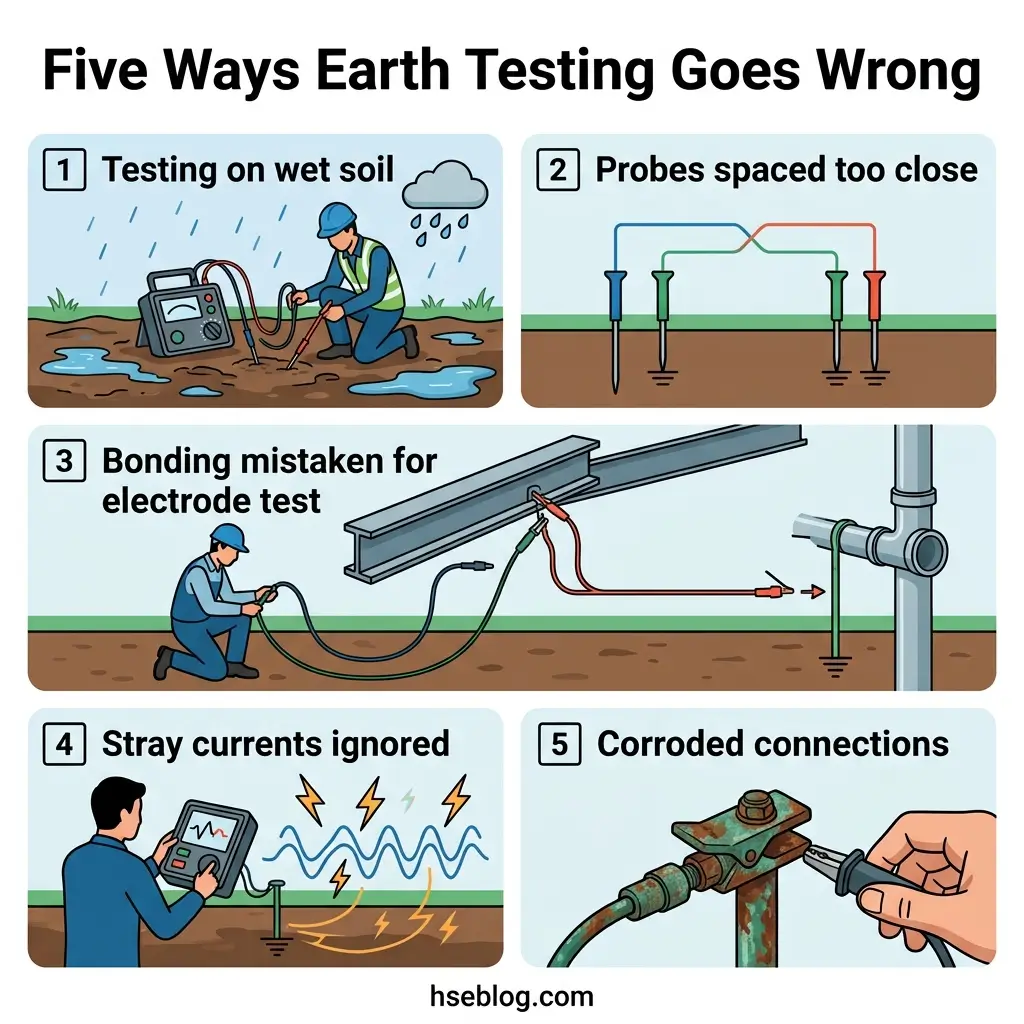 Infographic showing five common mistakes in earth testing: testing on wet soil, spacing probes too close together, incorrect electrode bonding, ignoring stray currents, and using corroded connections.