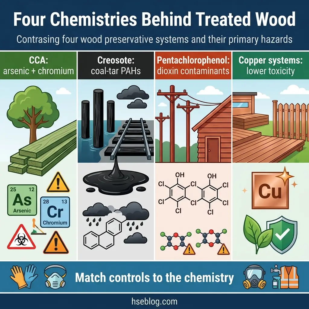 Infographic comparing four wood preservative systems: CCA with arsenic and chromium, creosote with coal-tar PAHs, pentachlorophenol with dioxin contaminants, and copper systems with lower toxicity, including chemical structures and hazard warnings.