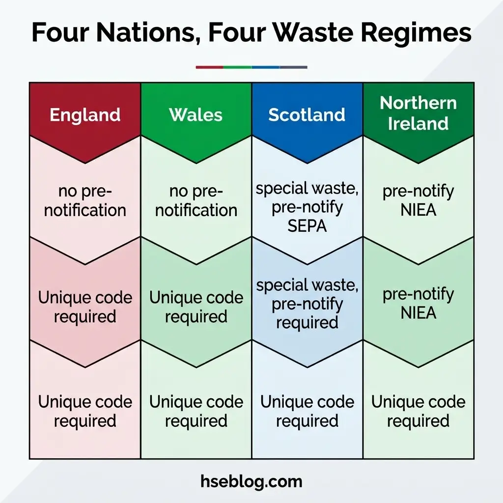 Comparison chart showing waste management requirements for England, Wales, Scotland, and Northern Ireland, displaying different notification rules and coding requirements for each nation.
