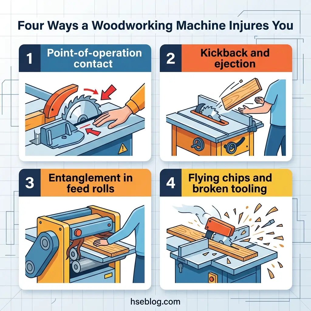 Infographic illustrating four common woodworking machine injuries: point-of-operation contact with spinning blades, kickback and ejection of workpieces, entanglement in feed rolls, and flying chips with broken tooling hazards.