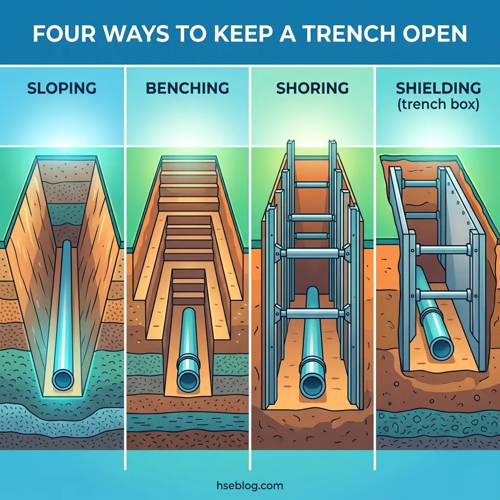 Illustrated diagram showing four trench support methods: sloping sides, wooden benching, metal shoring with cross-braces, and steel trench box shielding, each with underground pipe installation.