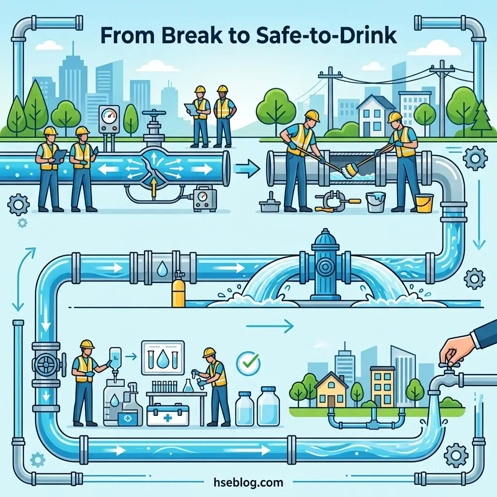 Illustrated infographic showing the water treatment process from break detection through pipe repair, testing, and distribution to homes and businesses in an urban setting.