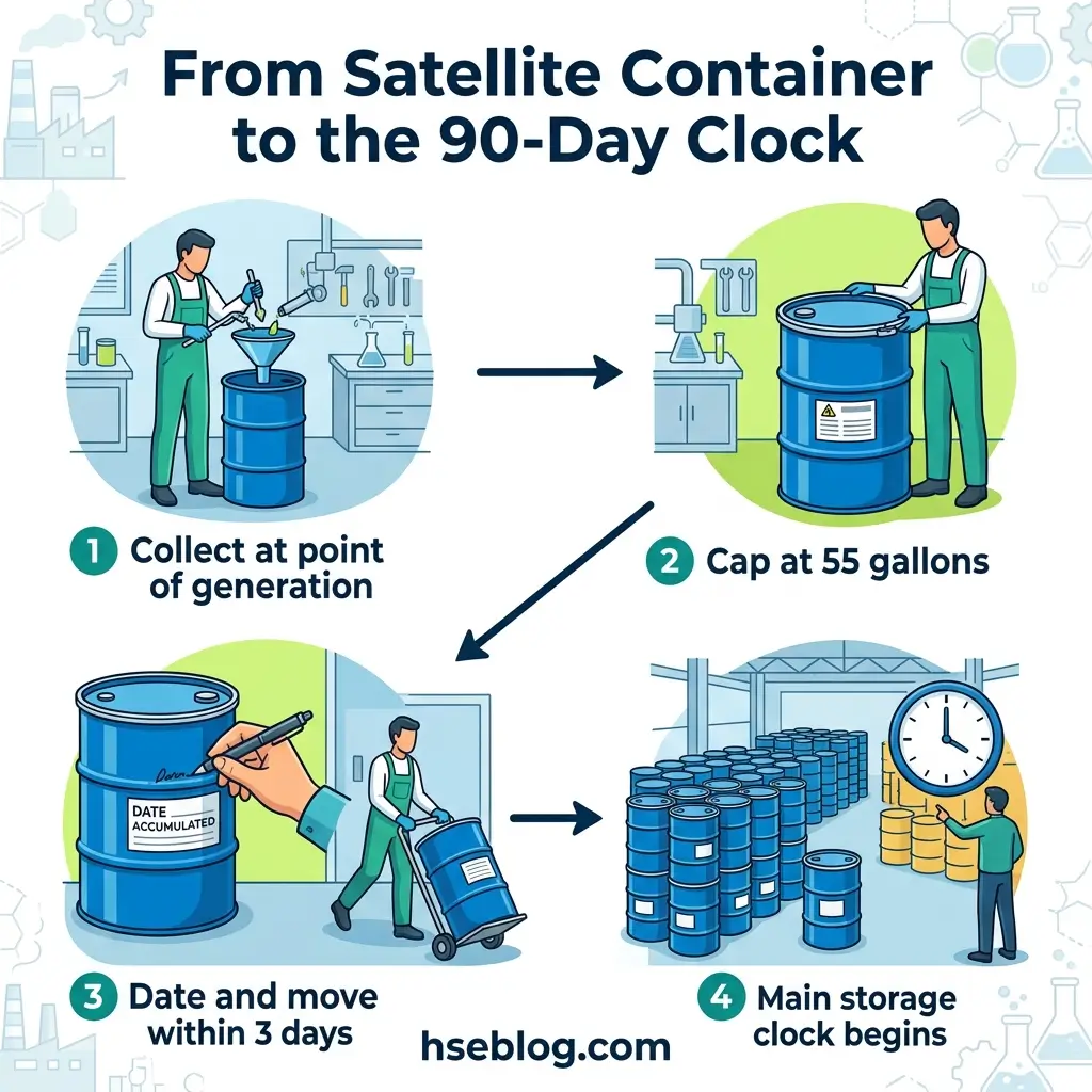 Infographic showing four-step process for hazardous waste management: collecting satellite containers, capping at 55 gallons, dating and moving within 3 days, and storing in main facility with 90-day clock tracking.