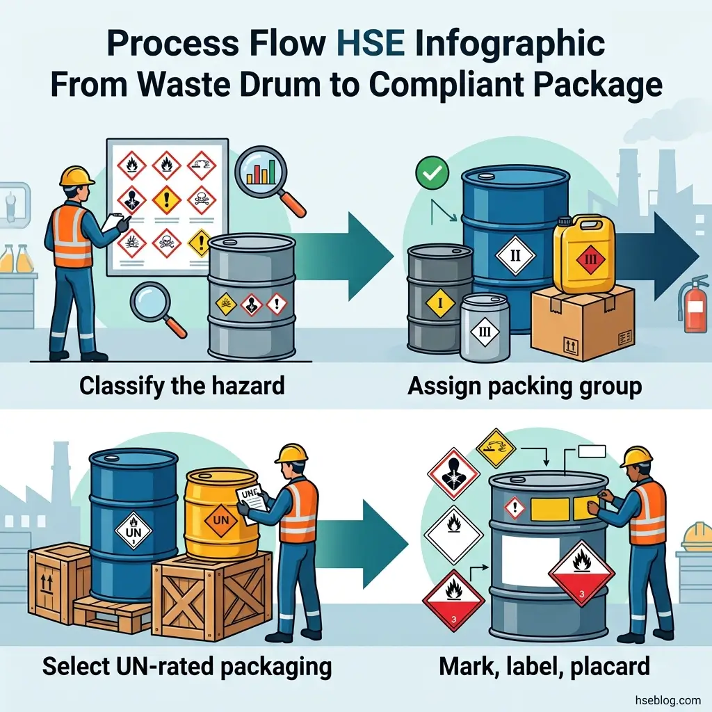 Four-step HSE process flow showing hazardous waste drum classification, packing group assignment, UN-rated packaging selection, and proper labeling with hazard diamonds and placards for compliant transportation.