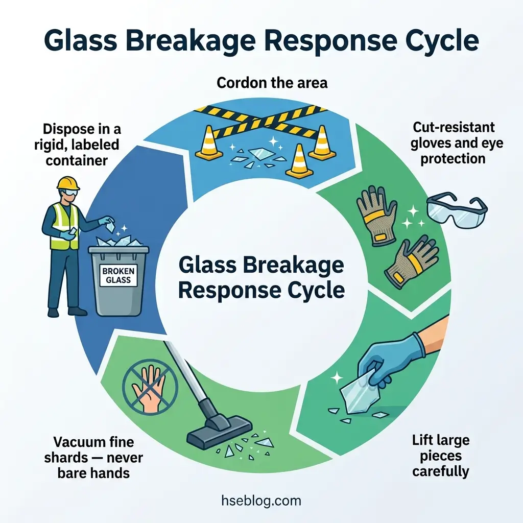 Circular diagram showing six steps for safe glass breakage response: cordon the area, wear cut-resistant gloves and eye protection, lift large pieces carefully, use a vacuum for fine shards without bare hands, and dispose in a labeled rigid container.
