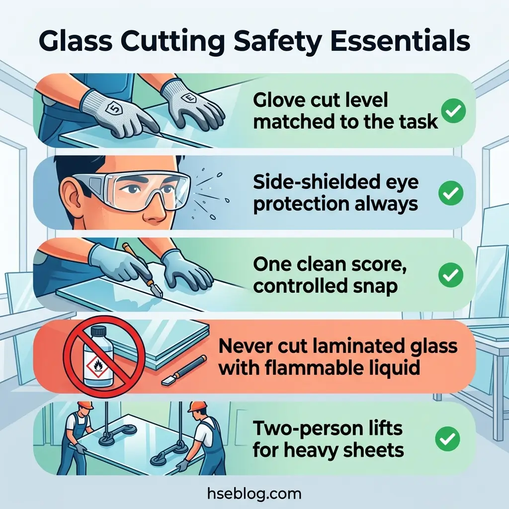Infographic showing five essential safety guidelines for glass cutting, including proper glove selection, eye protection, scoring techniques, laminated glass precautions, and two-person lifting procedures.