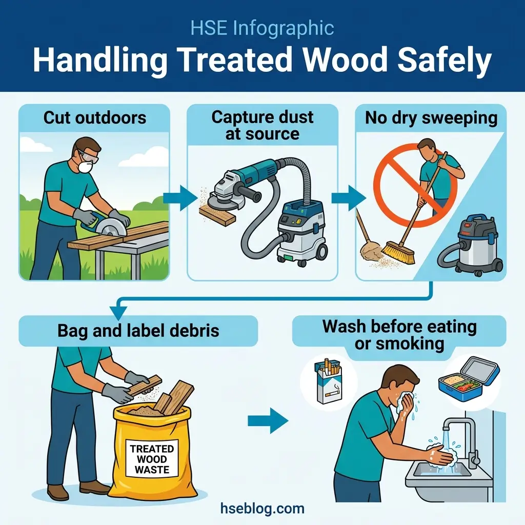 HSE infographic showing five steps for safely handling treated wood: cutting outdoors with protective gear, capturing dust with extraction equipment, avoiding dry sweeping, bagging labeled debris, and washing hands before eating or smoking.