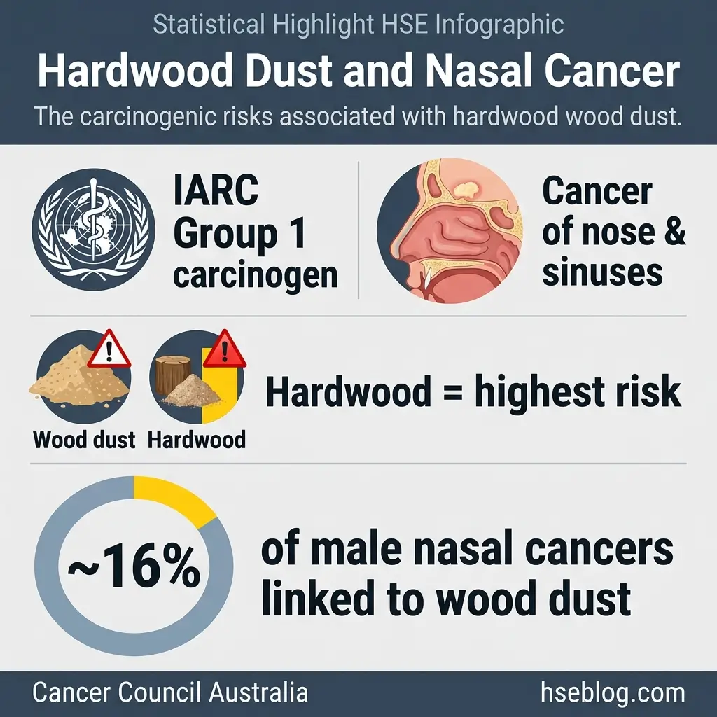 Infographic explaining hardwood dust as an IARC Group 1 carcinogen linked to nasal cancer, showing approximately 16% of male nasal cancers are associated with wood dust exposure.