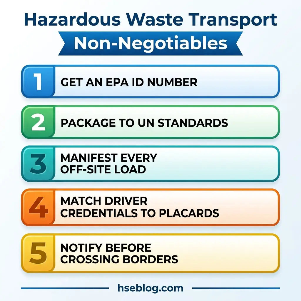 Infographic showing five essential non-negotiable steps for hazardous waste transport compliance: obtaining an EPA ID number, packaging to UN standards, manifesting off-site loads, matching driver credentials to placards, and notifying before crossing borders.