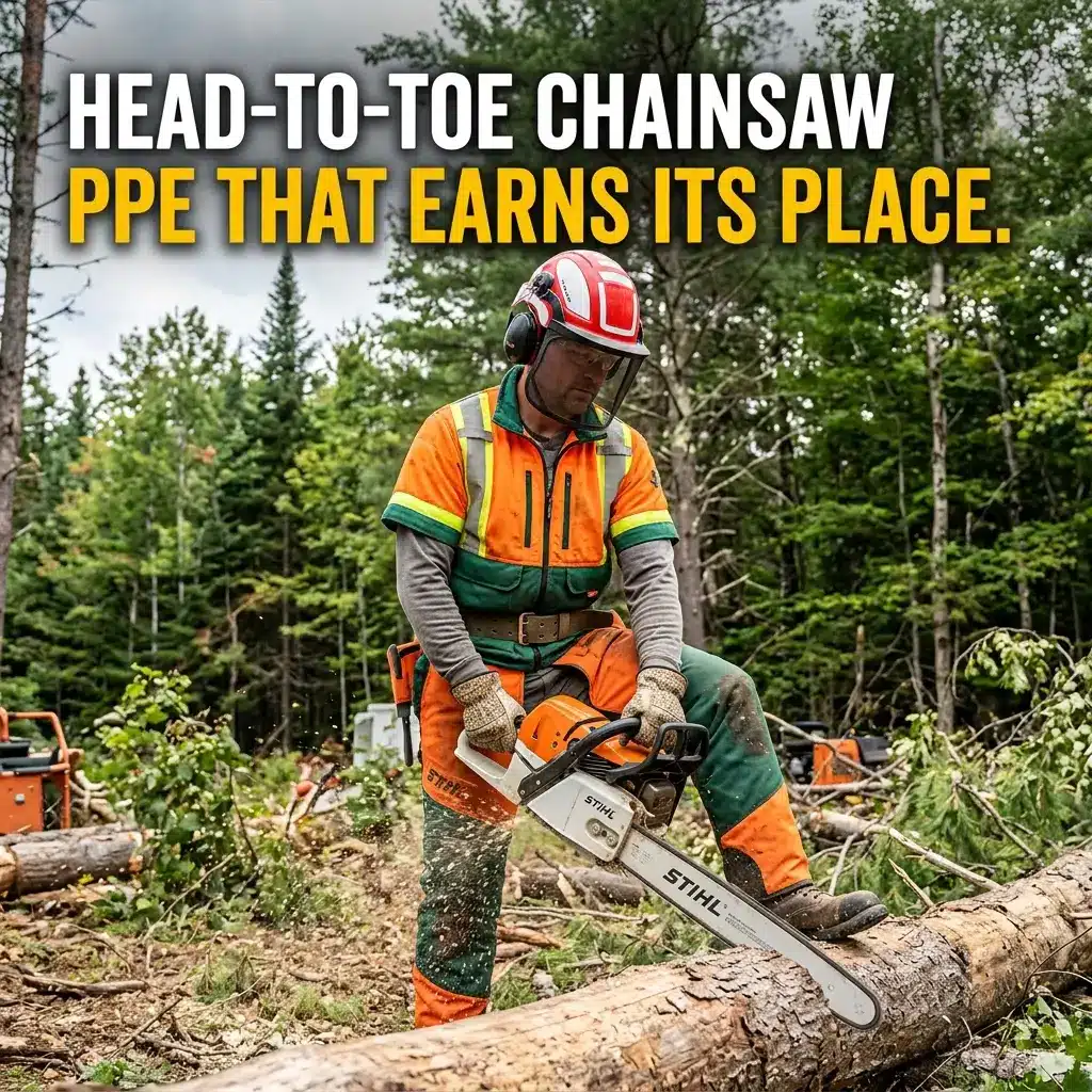 A logger wearing protective gear including red helmet, orange and green safety vest, and gloves operates a chainsaw on a felled log in a forest clearing.