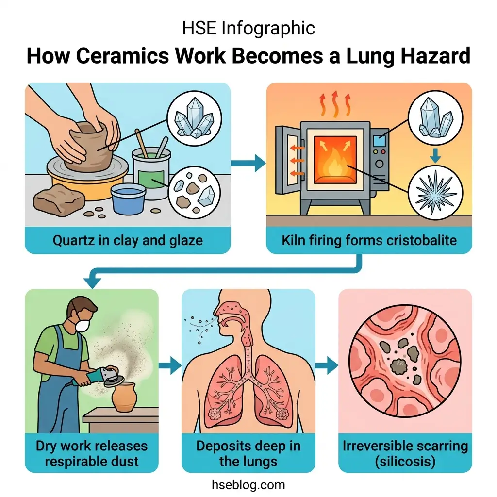 Infographic showing how ceramic work becomes a lung hazard: starting with quartz in clay, through kiln firing producing cristobalite, to dust inhalation and lung scarring (silicosis).