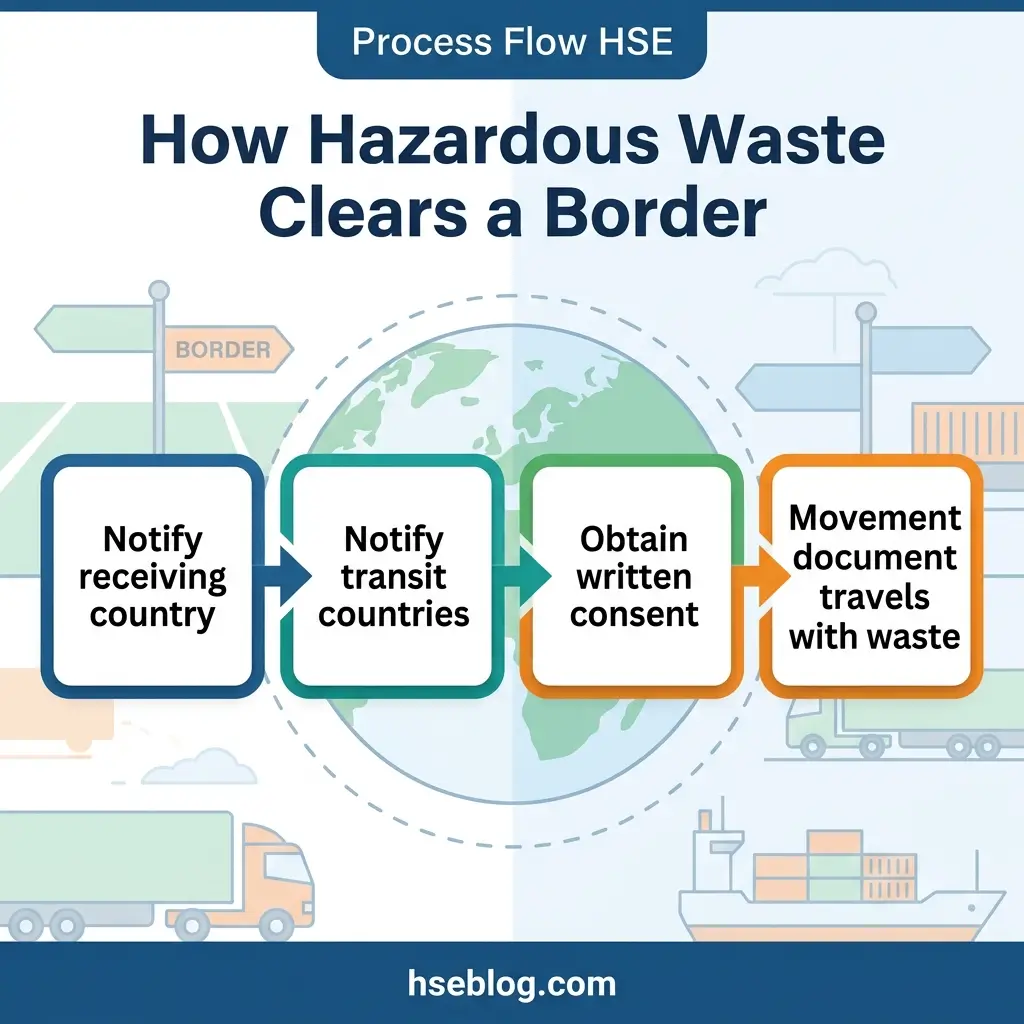 Process flow diagram showing four steps for hazardous waste border clearance: notify receiving country, notify transit countries, obtain written consent, and movement document travels with waste, illustrated with global map and transport vehicles.