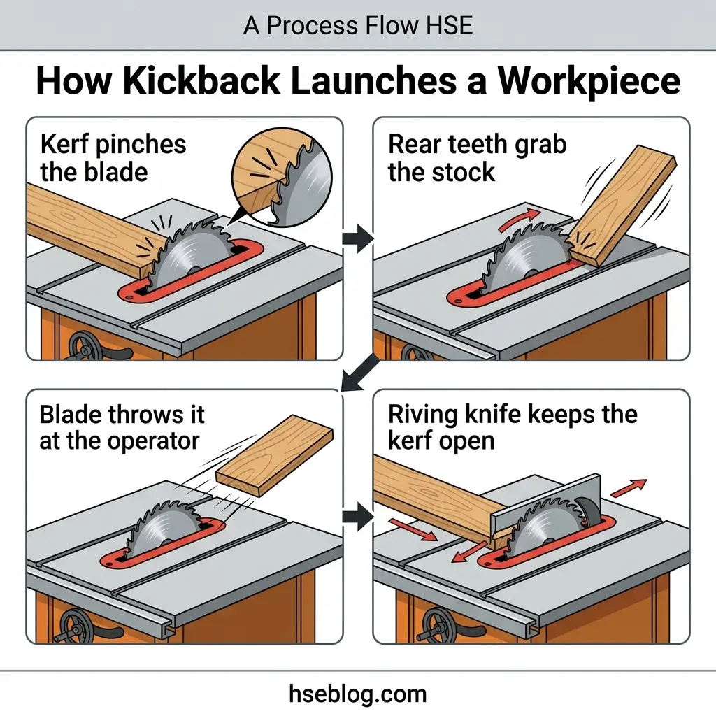 Diagram showing four-step HSE safety process of table saw kickback hazard, illustrating how a kerf pinches the blade, rear teeth grab the workpiece, the blade throws it, and a riving knife prevents the dangerous projectile.