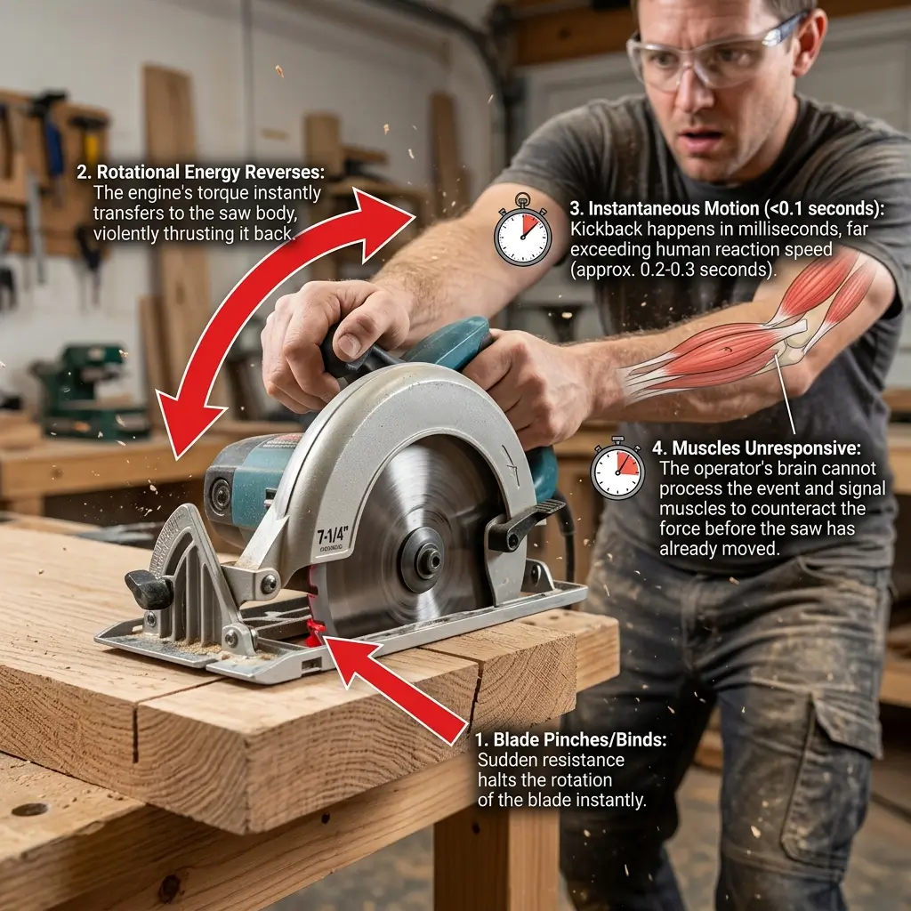 Man operating a circular saw with annotated diagram showing four hazards: blade binding causing instant stoppage, rotational energy reversal thrusting the saw back, instantaneous kickback in milliseconds faster than human reaction, and muscles unable to counteract before injury occurs.