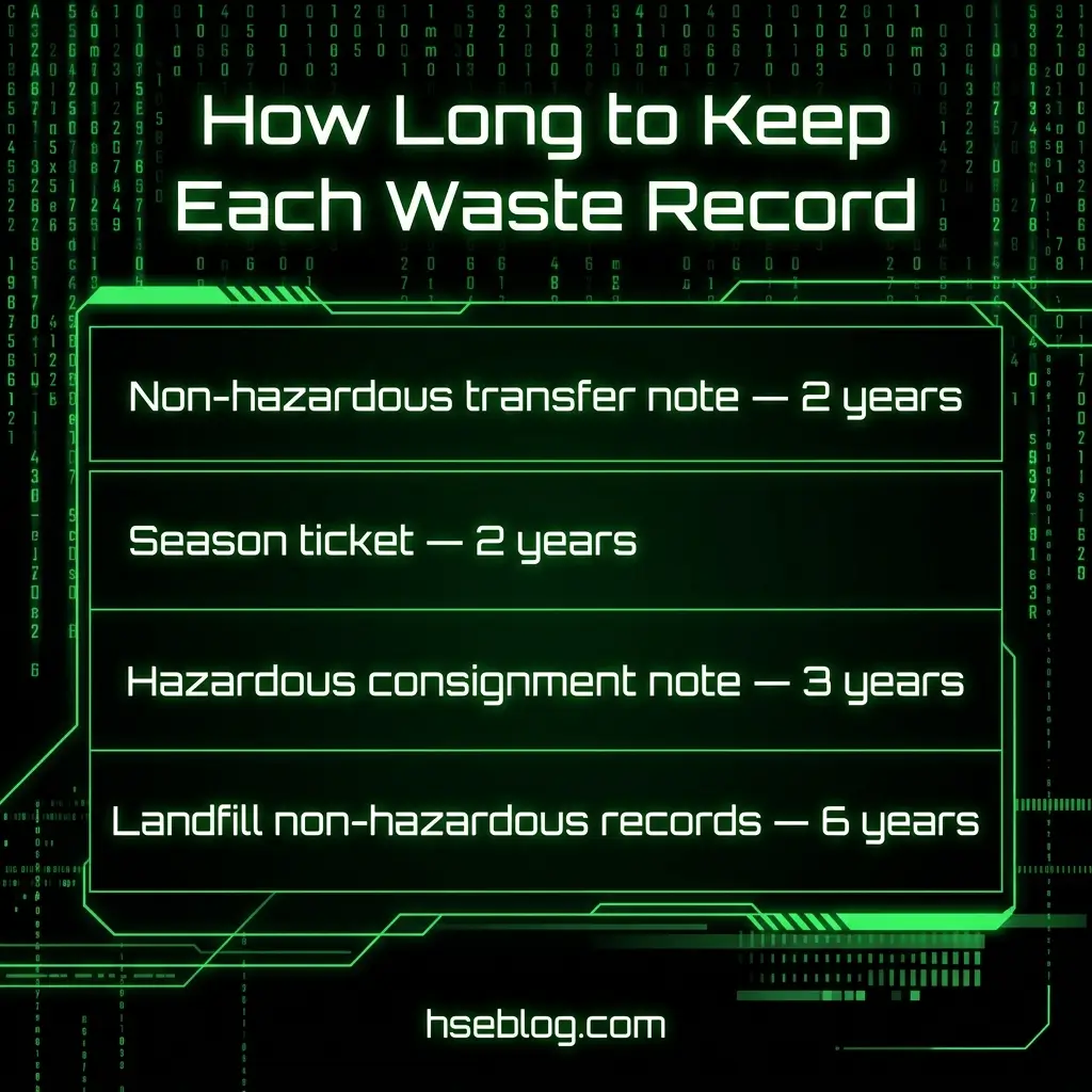 Infographic displaying retention periods for different waste records: non-hazardous transfer notes and season tickets for 2 years, hazardous consignment notes for 3 years, and landfill non-hazardous records for 6 years.