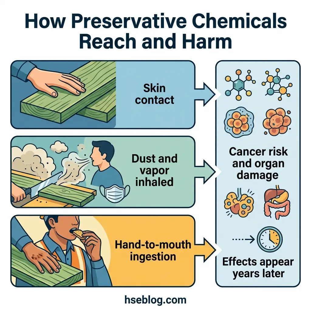 Infographic showing three ways preservative chemicals from treated wood reach the body—skin contact, inhaling dust and vapor, and hand-to-mouth ingestion—leading to cancer risk, organ damage, and long-term health effects.