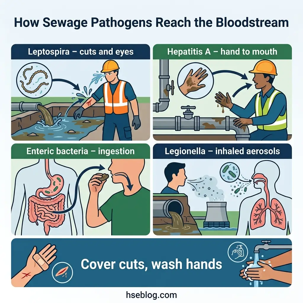 Infographic showing four pathways sewage pathogens reach the bloodstream: Leptospira through cuts and eyes, Hepatitis A via hand-to-mouth contact, Enteric bacteria through ingestion, and Legionella via inhaled aerosols, with prevention advice to cover cuts and wash hands.