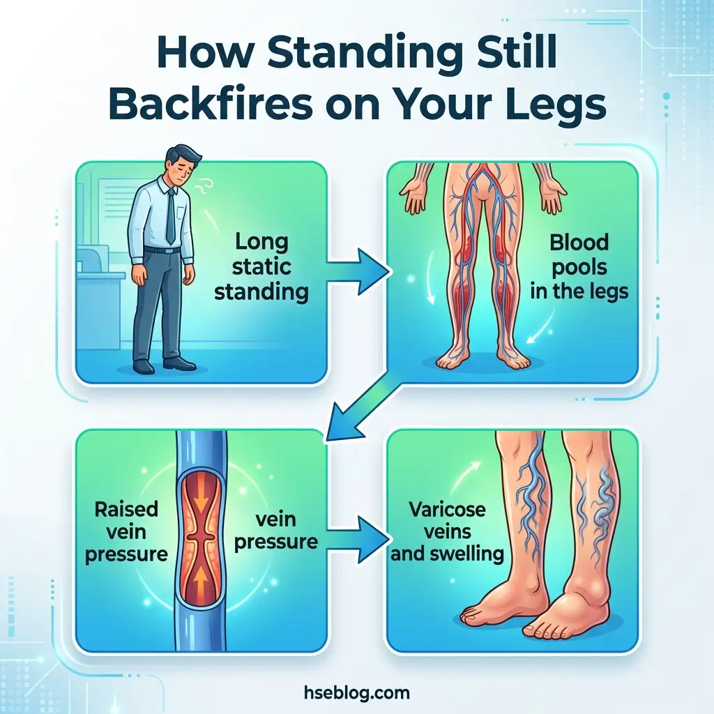 Infographic showing how prolonged standing causes blood pooling in legs, leading to increased vein pressure and resulting in varicose veins and swelling.