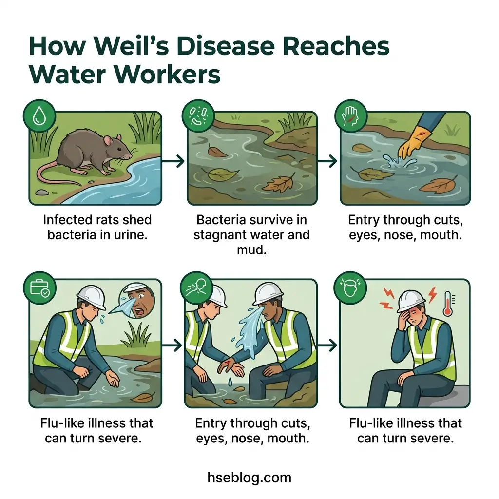Infographic showing six steps of how Weil's disease spreads from infected rats to water workers through contaminated water and direct contact, causing flu-like illness.
