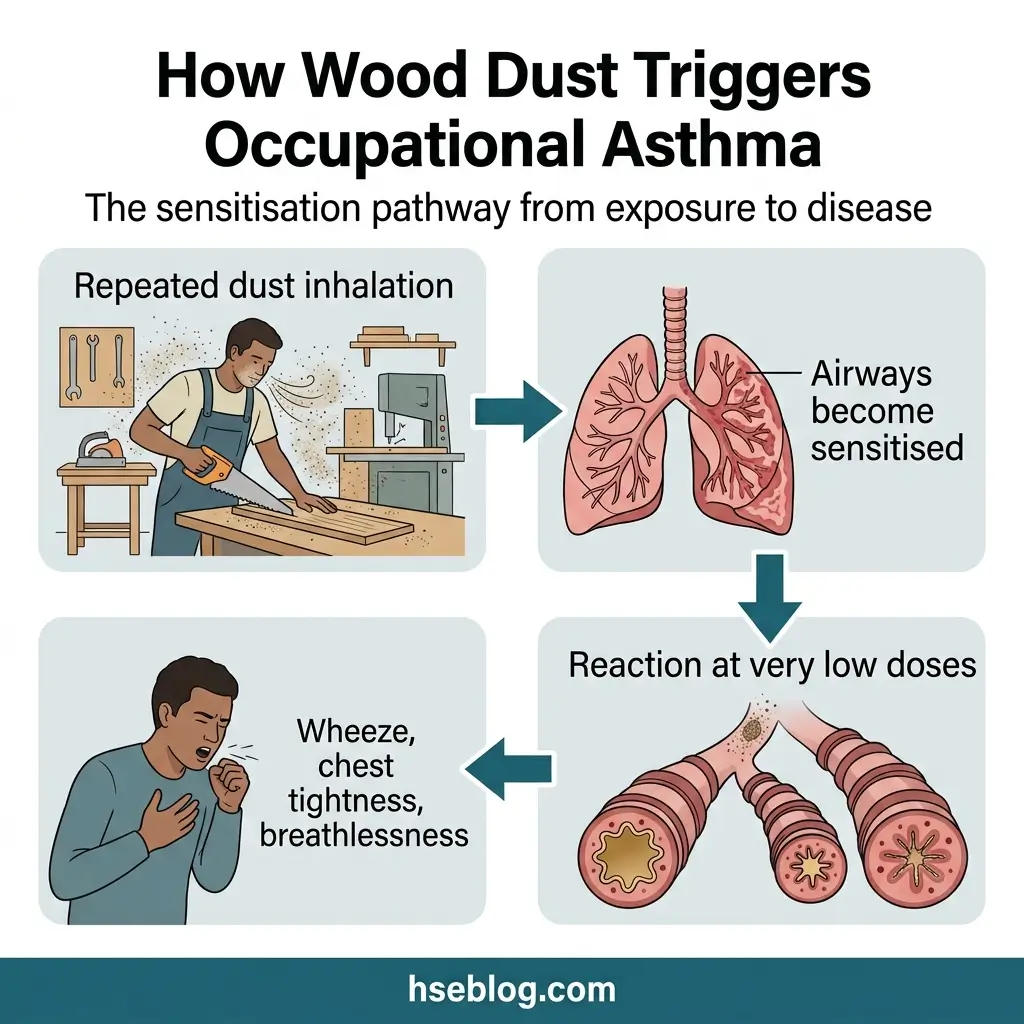 Infographic showing how wood dust exposure causes occupational asthma through sensitization, depicting a woodworker inhaling dust, sensitized airways in lungs, and resulting asthma symptoms like wheezing and chest tightness.