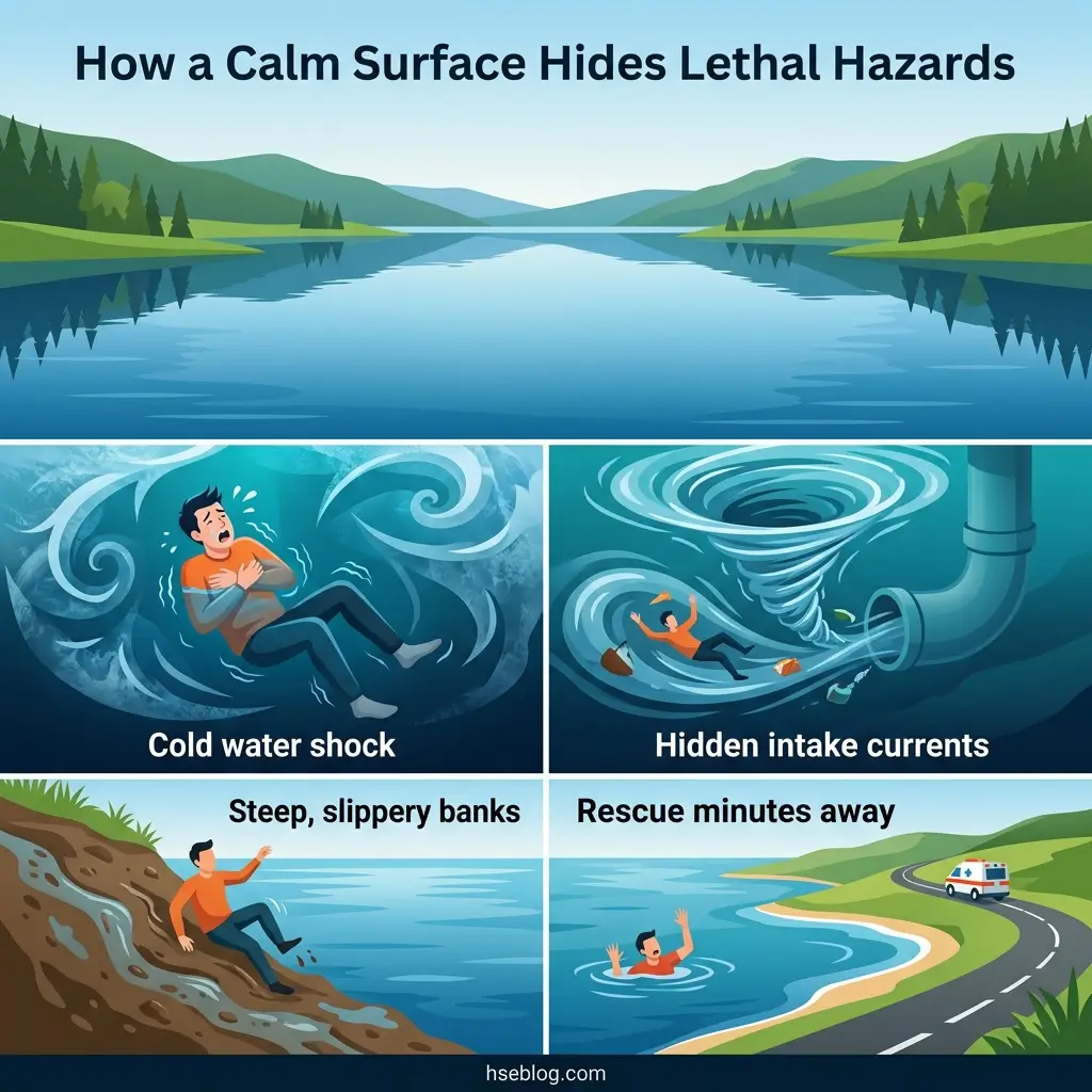 Infographic showing four hidden dangers of calm lakes and rivers: cold water shock causing panic, hidden intake currents pulling swimmers down, steep slippery banks causing falls, and rescue being minutes away.