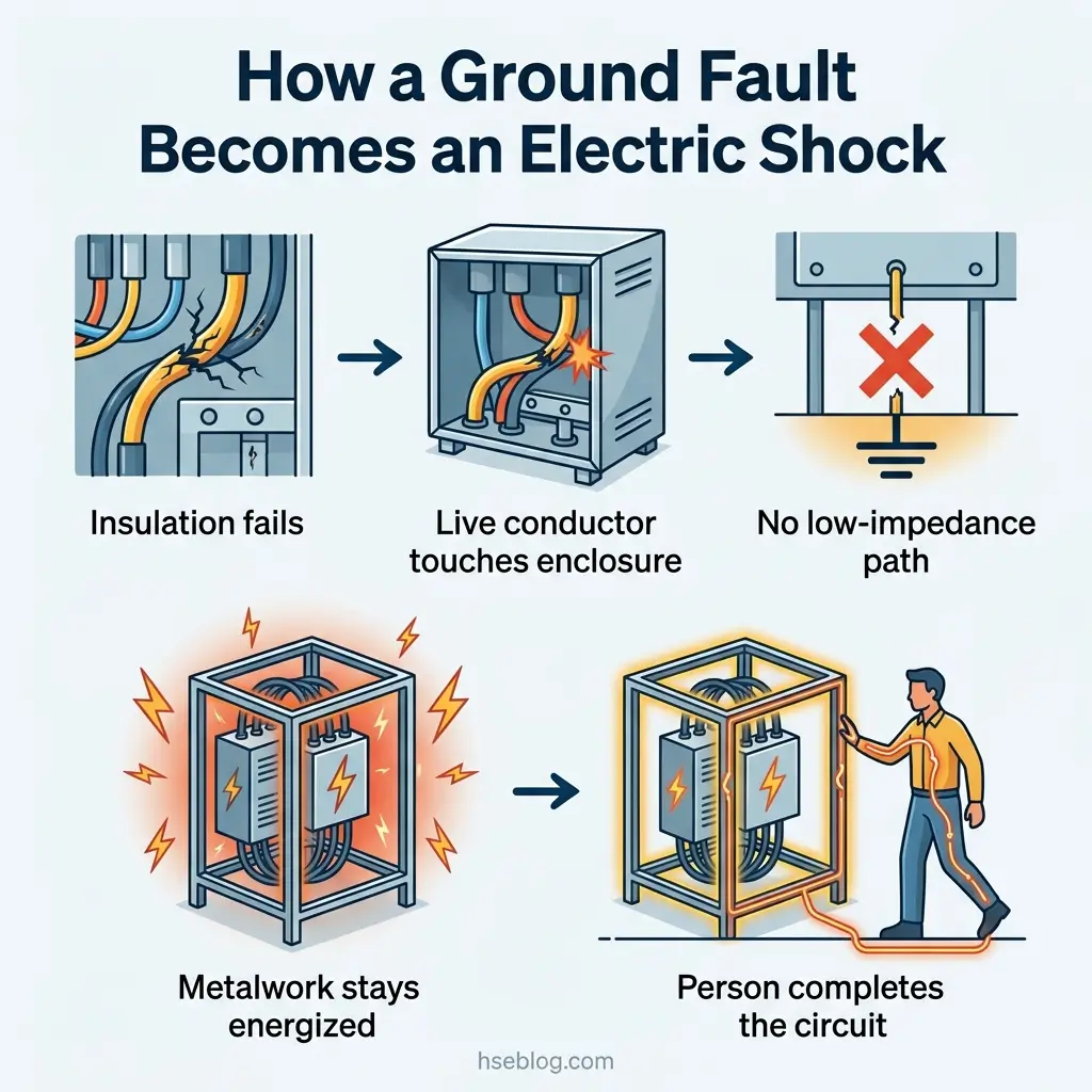 Infographic showing five sequential steps of how electrical insulation failure leads to ground faults and electric shock hazards, from damaged wiring through contact with an energized enclosure to a person completing the circuit.