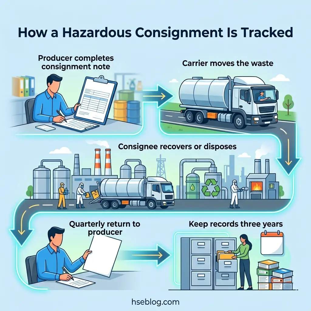 Infographic showing the four-step process of tracking hazardous waste consignments, from producer documentation through carrier transport, consignee disposal, quarterly reporting, and three-year record retention.