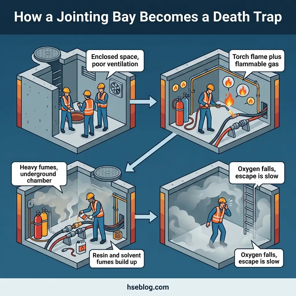 Infographic showing four stages of how an enclosed joining bay becomes dangerous: poor ventilation, torch flame igniting flammable gas, heavy fumes accumulating, and workers unable to escape due to low oxygen and thick smoke.