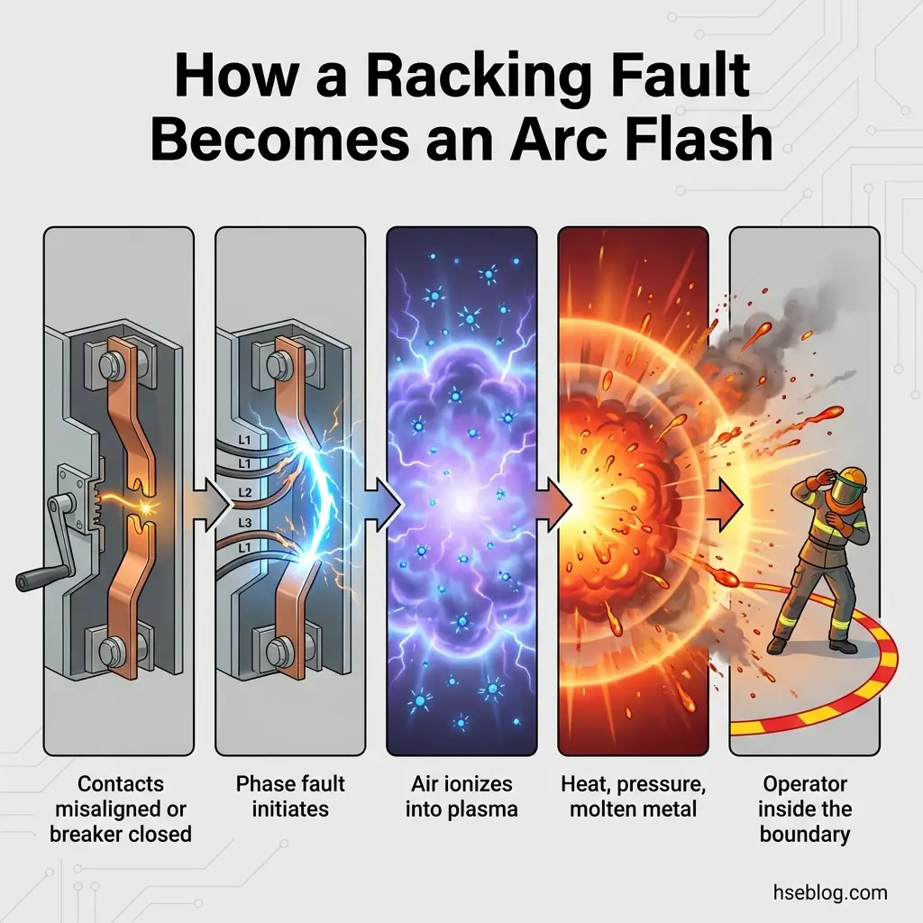Infographic showing five stages of how a racking fault escalates into an arc flash, from misaligned contacts through phase fault initiation, air ionization into plasma, heat and molten metal generation, to operator injury within the blast boundary.