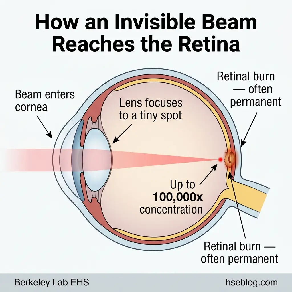 Diagram showing how an invisible beam enters the cornea, gets focused by the lens to a tiny spot on the retina with up to 100,000x concentration, causing permanent retinal burns.
