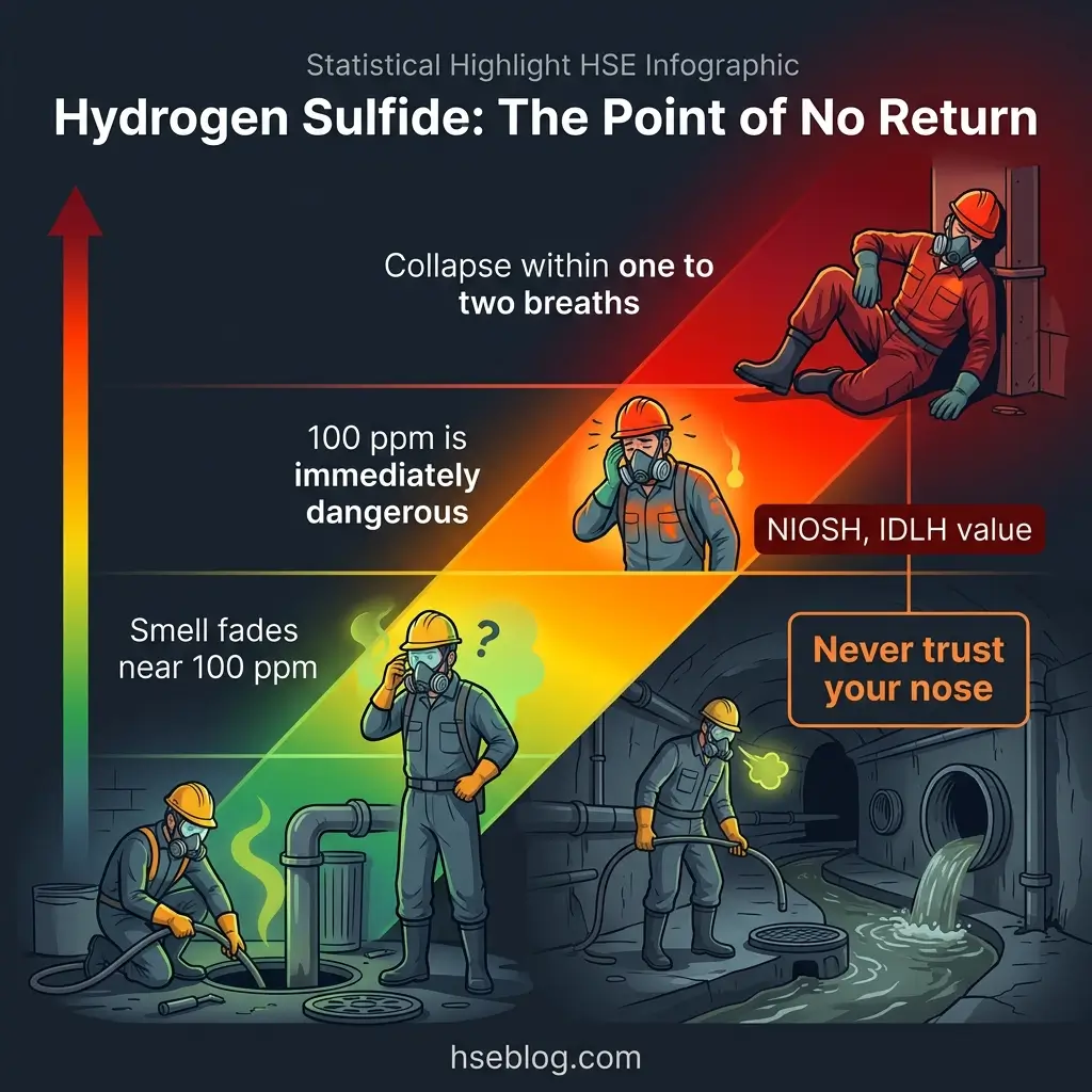 Infographic showing hydrogen sulfide hazard levels with color-coded danger zones, illustrations of workers in protective gear at different exposure stages, and safety warnings about rapid collapse and olfactory paralysis.