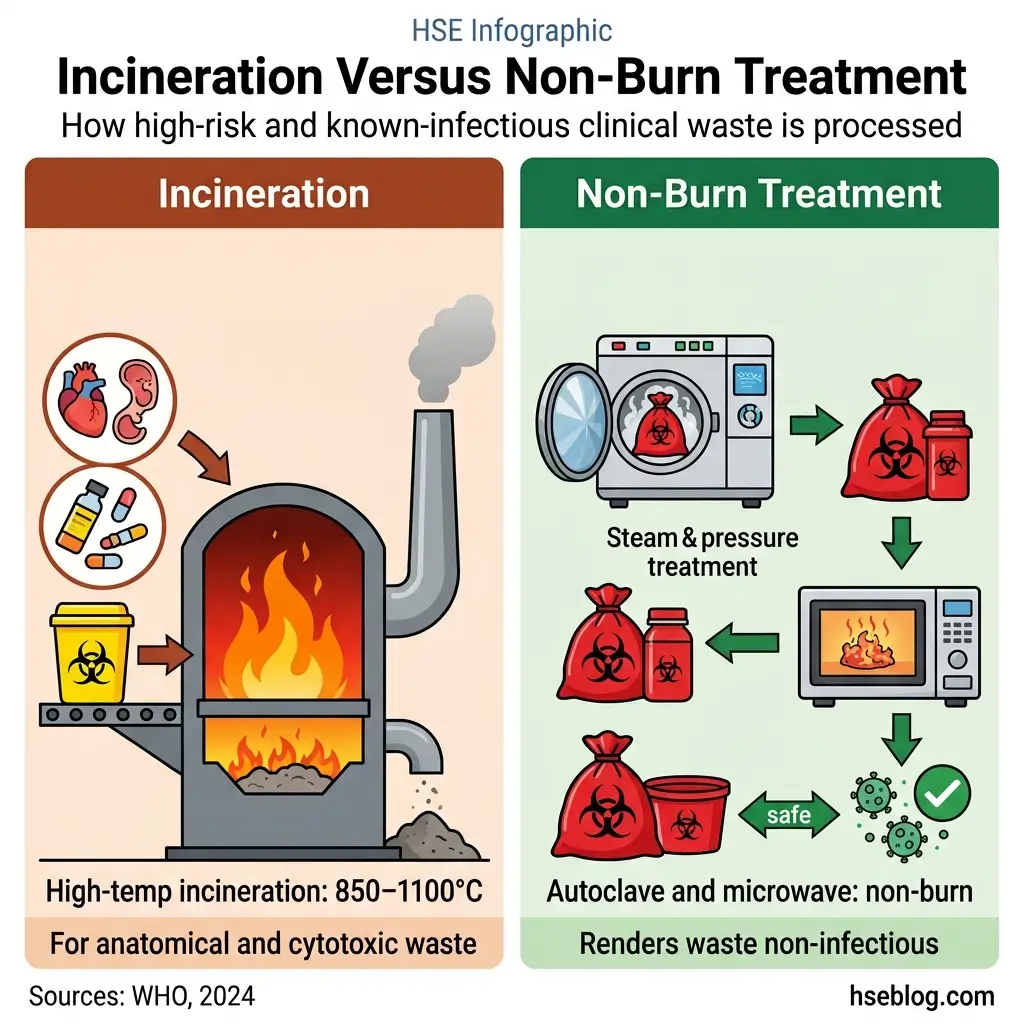 Infographic comparing two clinical waste disposal methods: incineration at 850-1100°C for anatomical and cytotoxic waste, and non-burn treatment using steam, pressure, autoclave and microwave to render waste non-infectious.