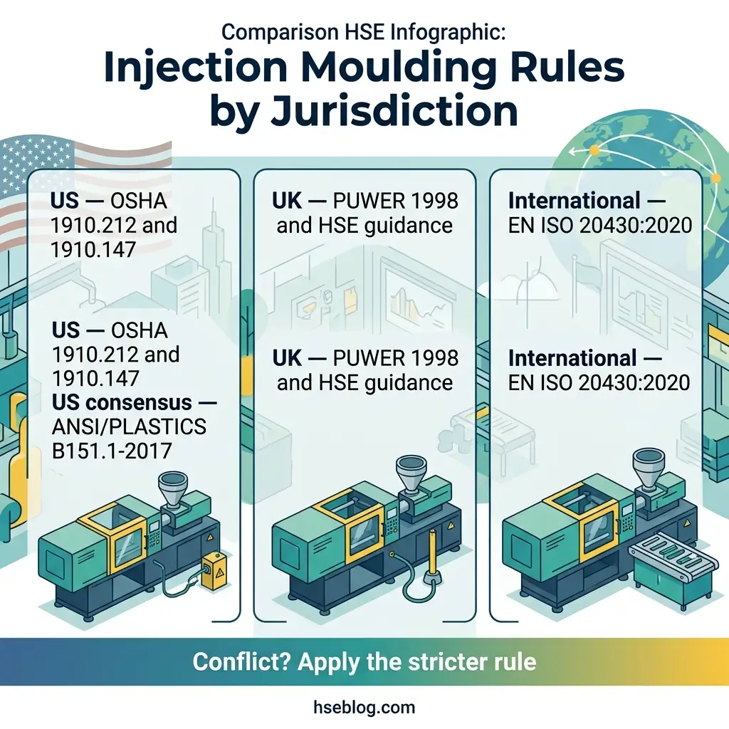 Infographic comparing injection moulding safety rules across US OSHA, UK PUWER, and international EN ISO standards, showing regulatory references and injection moulding machines with note to apply stricter rule in conflicts.