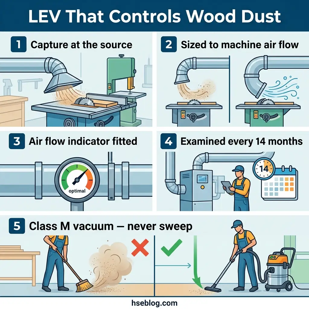 Infographic showing five key steps for wood dust control in woodworking: capture at source, size to machine airflow, fit airflow indicator, examine every 14 months, and use Class M vacuum instead of sweeping.