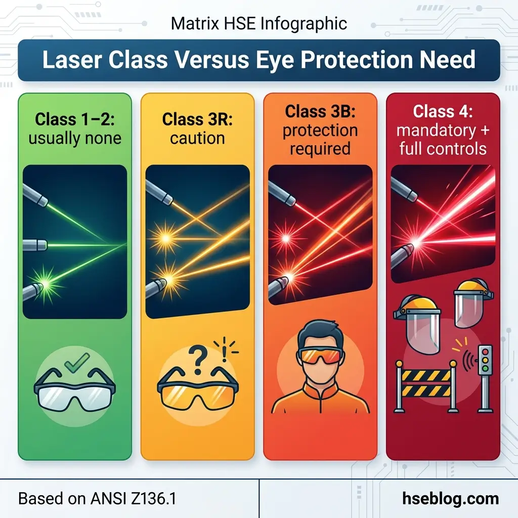 Infographic showing four laser safety classes with increasing hazard levels, displaying laser beam colors, required eye protection, and safety equipment for each class based on ANSI Z136.1 standards.
