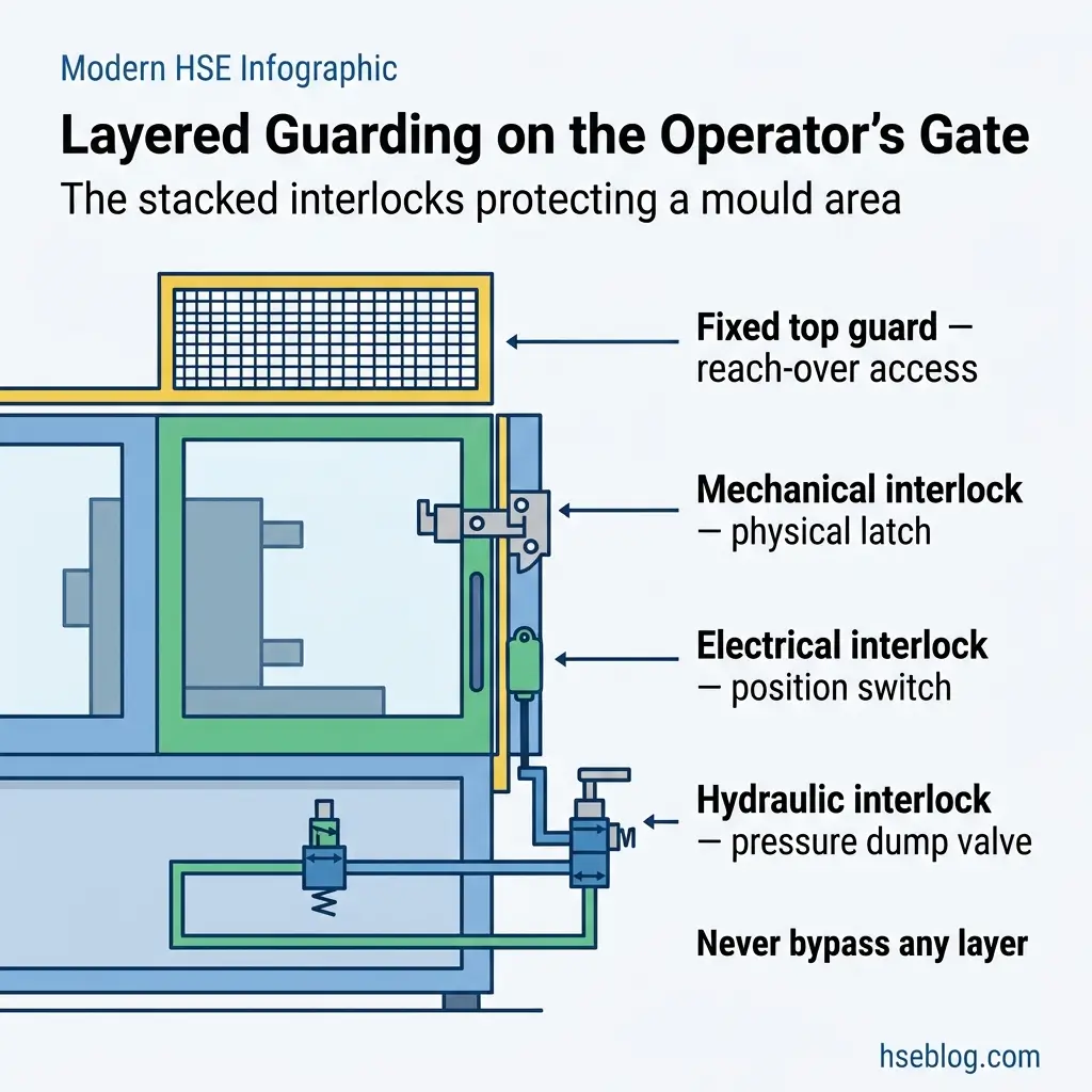 Diagram showing layered safety interlocks on an industrial operator's gate, including fixed top guard, mechanical latch, electrical position switch, and hydraulic pressure dump valve protecting a mold area.