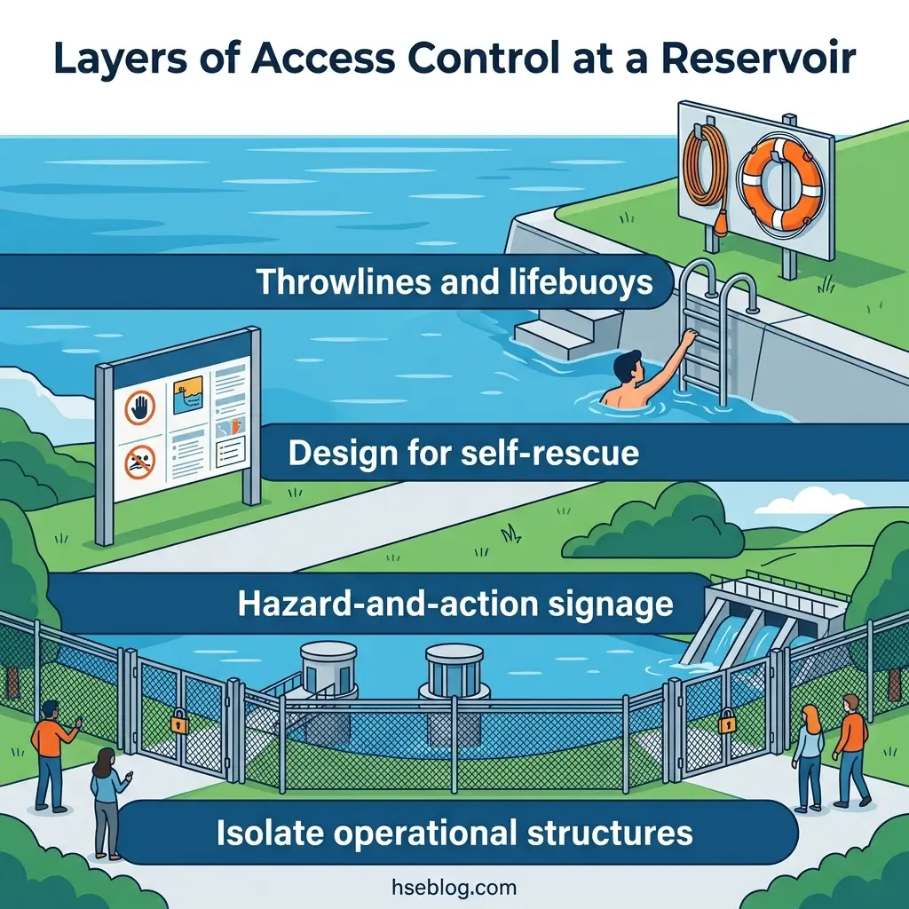 Illustration showing four hierarchical layers of safety measures at a reservoir, from top to bottom: throwlines and lifebuoys, design for self-rescue, hazard-and-action signage, and isolated operational structures, with people demonstrating each safety level.