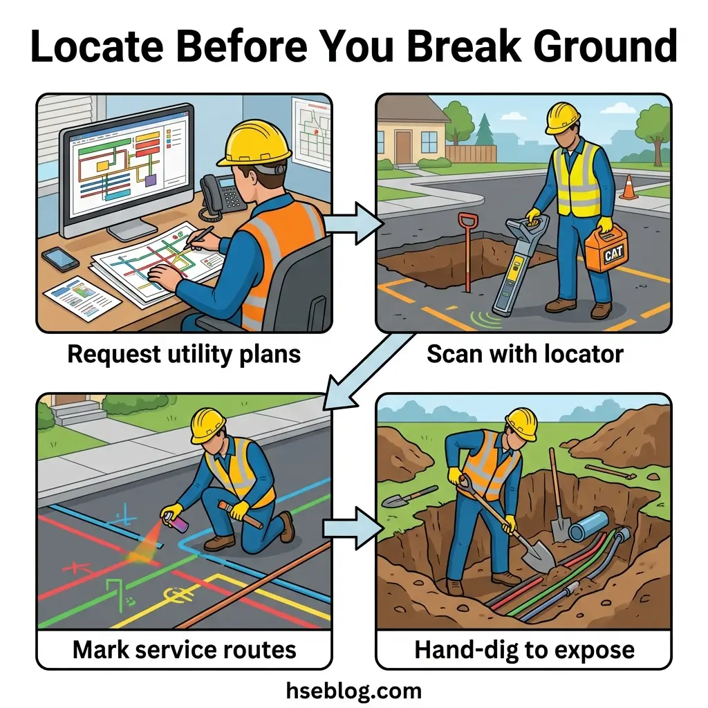 Four-step safety infographic showing construction worker locating underground utilities before digging: requesting plans, scanning with locator device, marking service routes, and hand-digging to expose utilities.