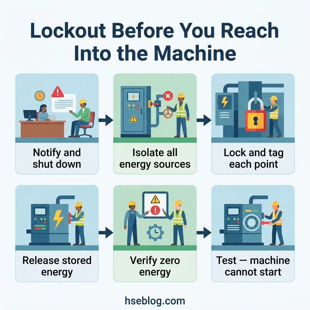 Six-step lockout tagout safety procedure showing workers notifying management, isolating energy sources, locking equipment, releasing stored energy, verifying zero energy, and testing machines before operation.