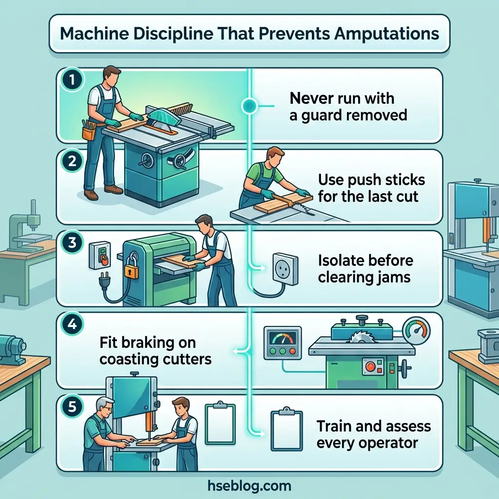Infographic showing five machine shop safety rules to prevent amputations: never run machines without guards, use push sticks for final cuts, isolate machines before clearing jams, fit braking on coasting cutters, and train all operators regularly.