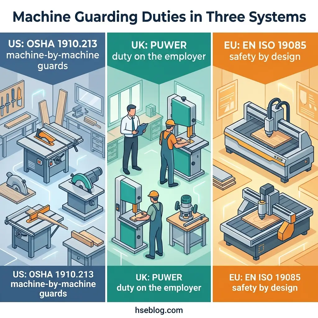 Illustration comparing machine guarding safety standards across three regulatory systems: US OSHA 1910.213 with machine-specific guards, UK PUWER emphasizing employer responsibility, and EU EN ISO 19085 focusing on safety through design principles.