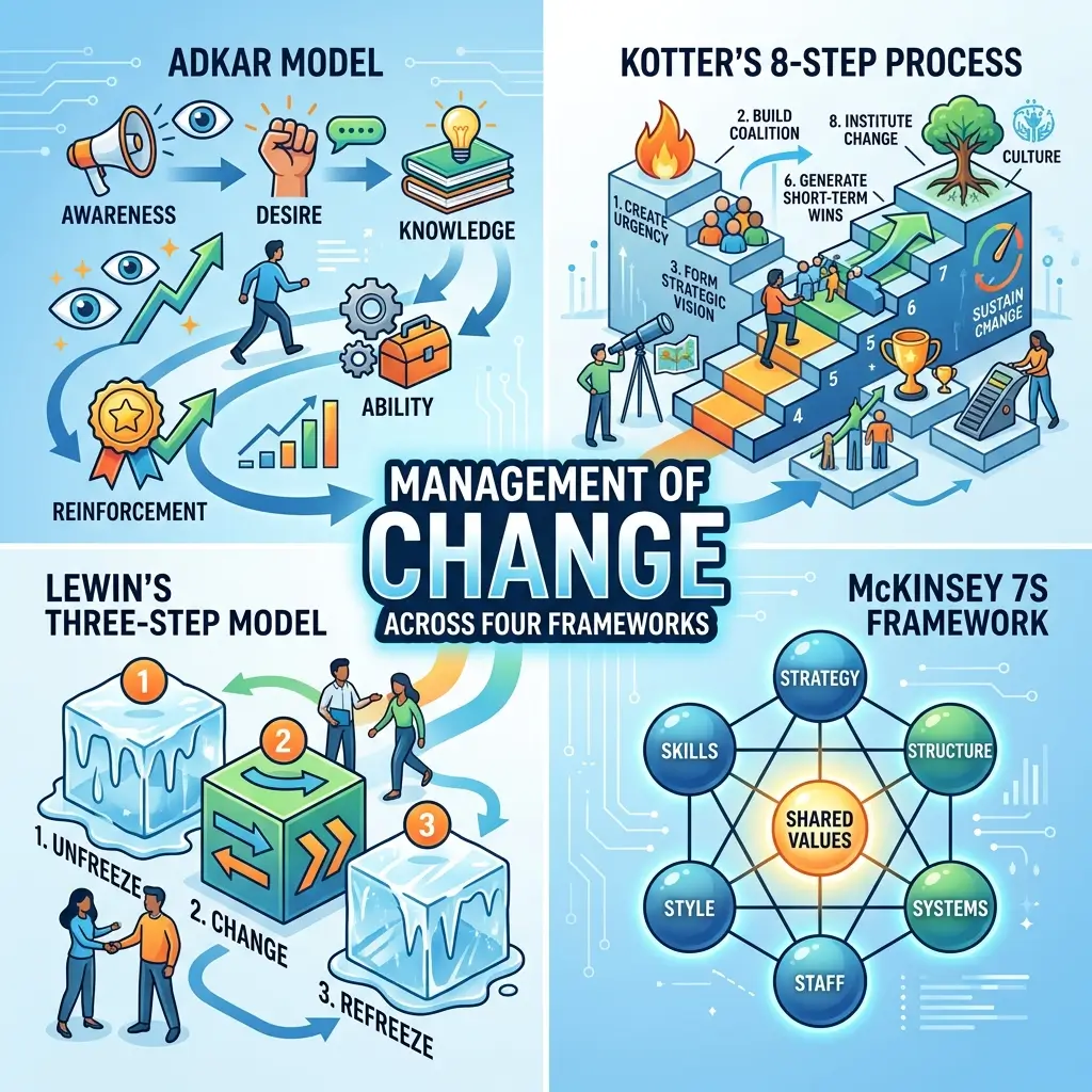 Four change management frameworks illustrated: ADKAR Model showing awareness through reinforcement, Kotter's 8-step process ascending stairs to sustained change, Lewin's three-step model of unfreeze-change-refreeze, and McKinsey 7S Framework with shared values at center.