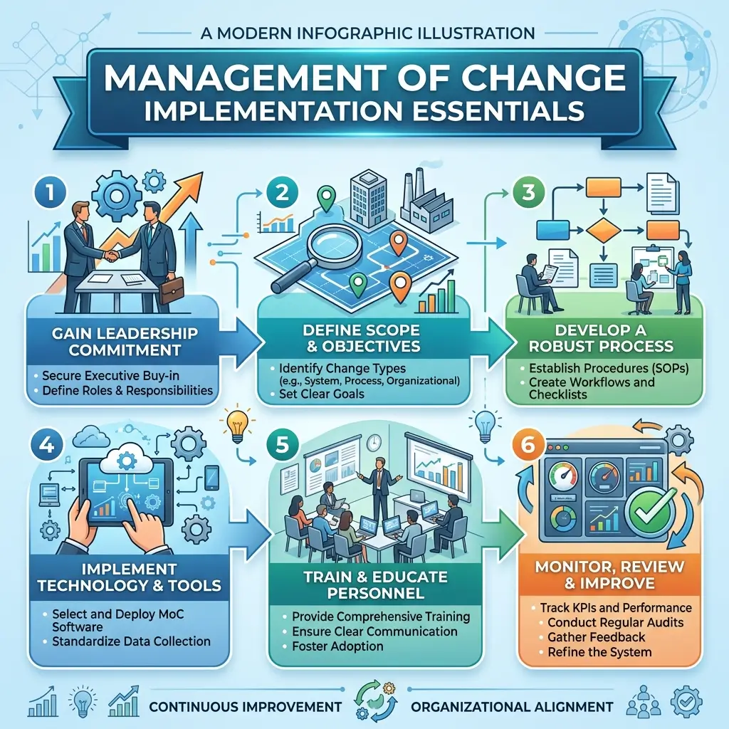 Infographic showing six sequential steps for management of change implementation: gaining leadership commitment, defining scope and objectives, developing robust processes, implementing technology and tools, training personnel, and monitoring with continuous improvement.