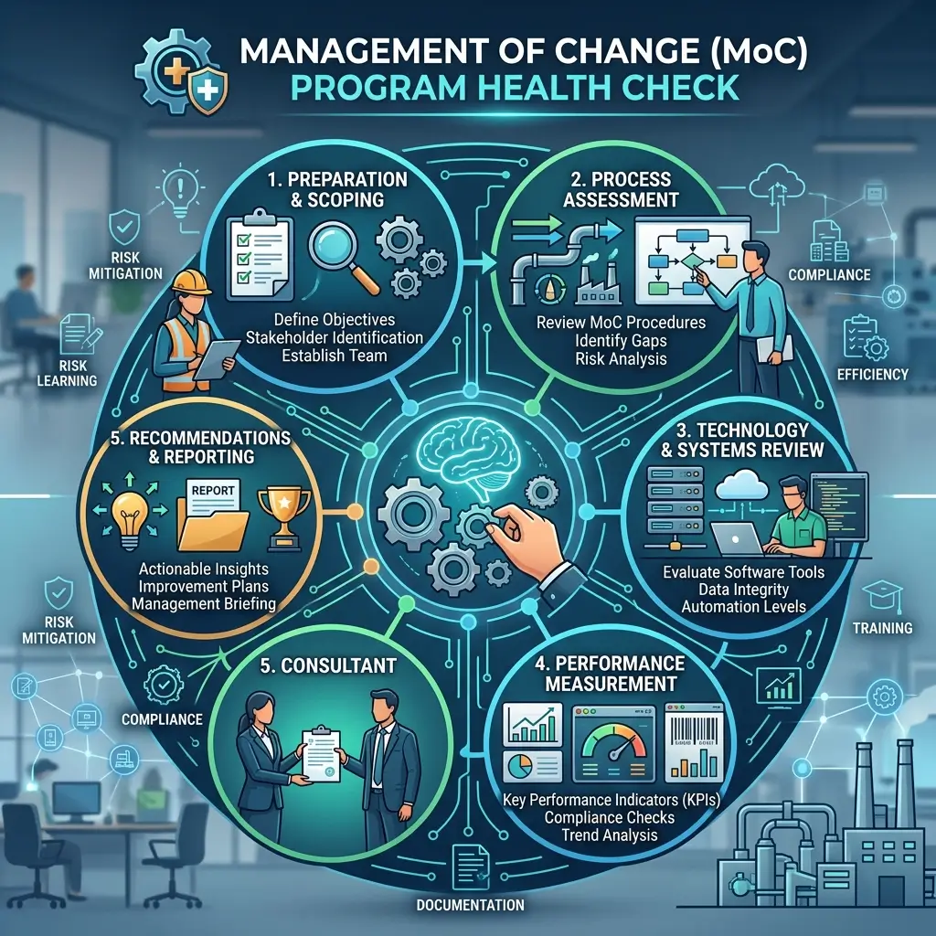 Infographic showing five interconnected stages of Management of Change program health check: preparation and scoping, process assessment, technology and systems review, performance measurement, and consultant engagement, with icons representing risk mitigation, compliance, efficiency, and training.