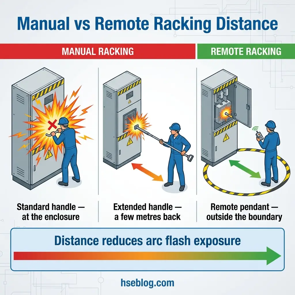 Infographic comparing manual racking methods at electrical enclosures versus remote racking with pendant controls, showing how increased distance reduces arc flash exposure hazards.