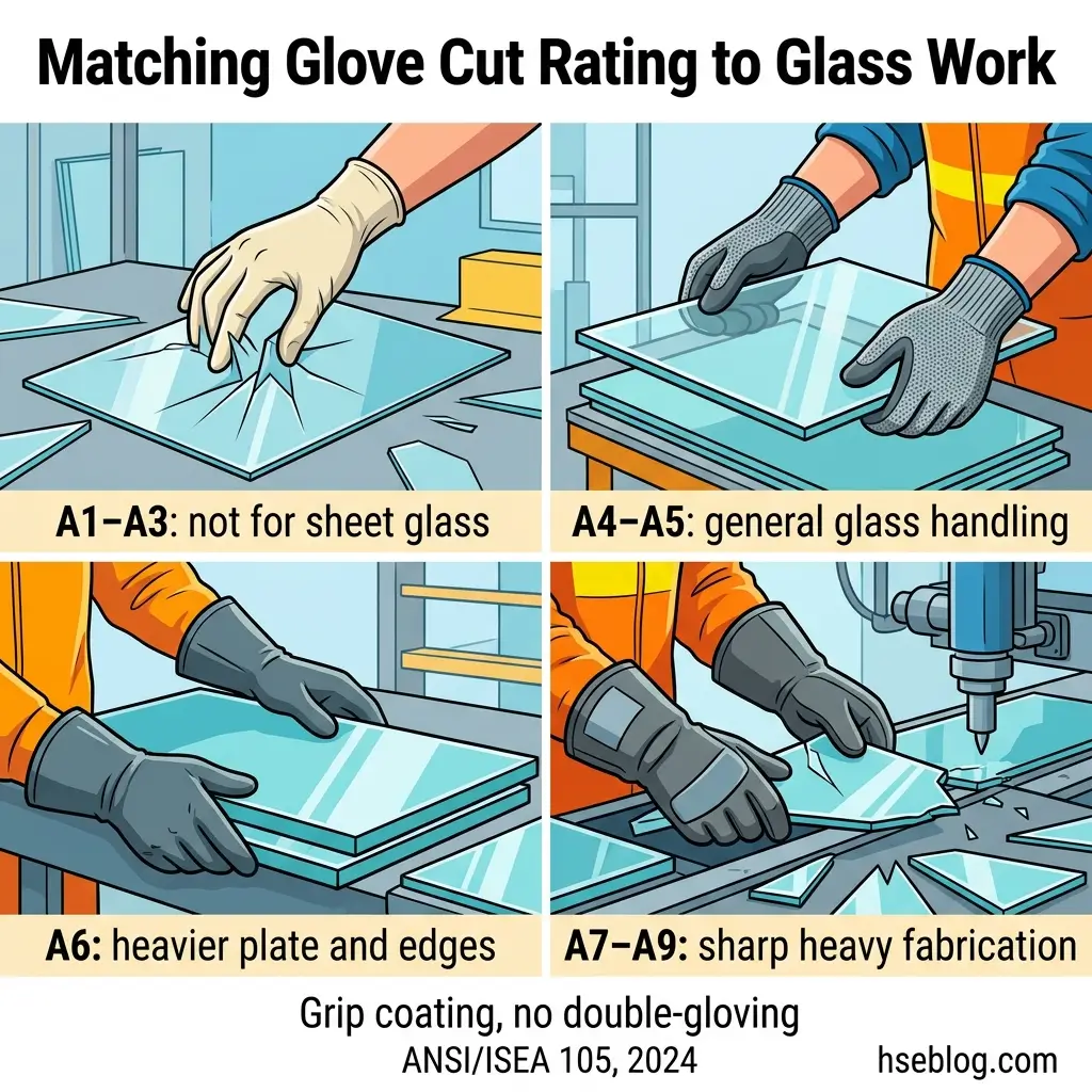 Chart showing four glove cut ratings for glass work safety, from A1-A3 unsuitable for sheet glass to A7-A9 for sharp heavy fabrication, with illustrated hands demonstrating proper glove use in each scenario.