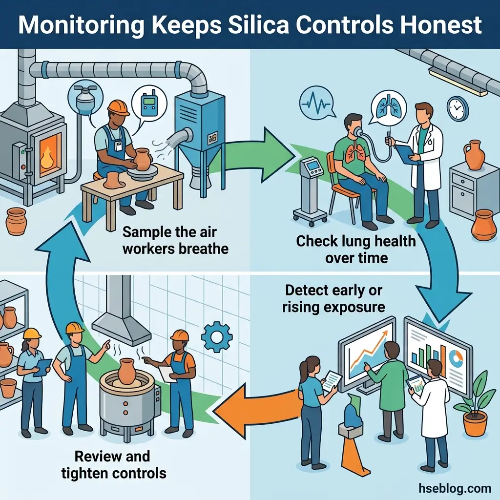Infographic showing the silica dust monitoring cycle: air sampling in an industrial pottery workshop, medical lung health checks, exposure data analysis, and control measure reviews to protect worker safety.